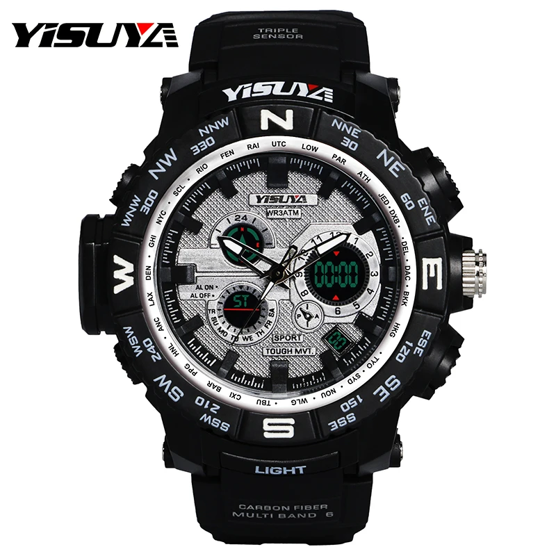 

YISUYA Dual Time Zone Digital Noctilucent Analog 3ATM Water Resistant Day Date Rubber Band Strap Chronograph Wrist Watch