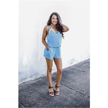 

Women Holiday Sleeveless Mini Blue Playsuit Summer Beach Female Fashion Casual Jumpsuit Ladies Loose Solid Color playsuit