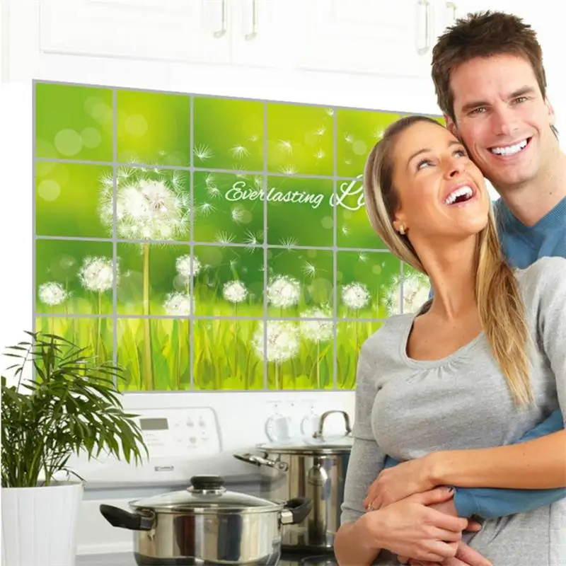 Large 60*90cm Kitchen Oilproof Removable Wall Stickers Aluminum Foil Art Decor Home Decal Dandelion Anti Oil Tile Wall Stickers