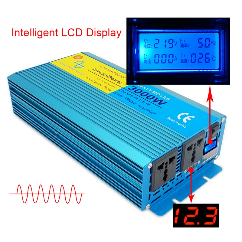 Цифровой дисплей Чистая синусоида Инвертор 3000 Вт DC 12 В/24 В к AC 110 В/220 В Кемпинг конвертер лодки с ЖК-дисплеем 2 AC OUT