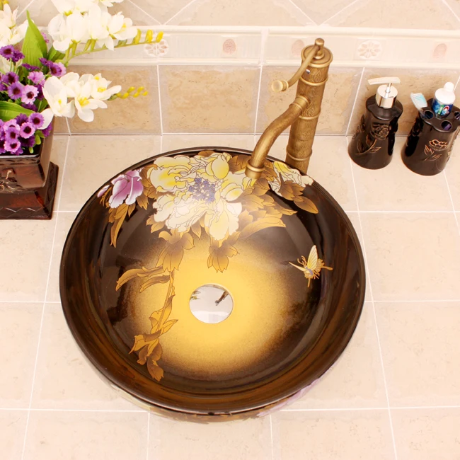 Europe Vintage Style Ceramic Art Basin Sinks Counter Top Wash Basin Bathroom Vessel Sinks vanities ceramic wash bowls peony (4)