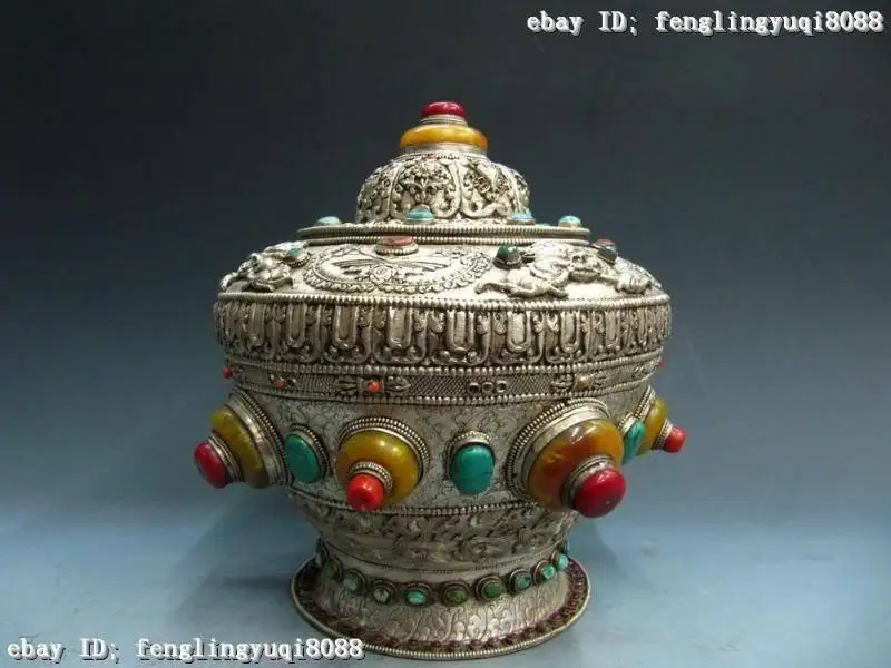 

Tibet Copper and Silver inlay turquoise Red coral Box Crock Jar Bottle Pot Vase