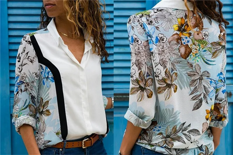 Женские блузки мода длинный рукав отложной воротник офисная шифоновая блузка рубашка повседневные топы плюс размер