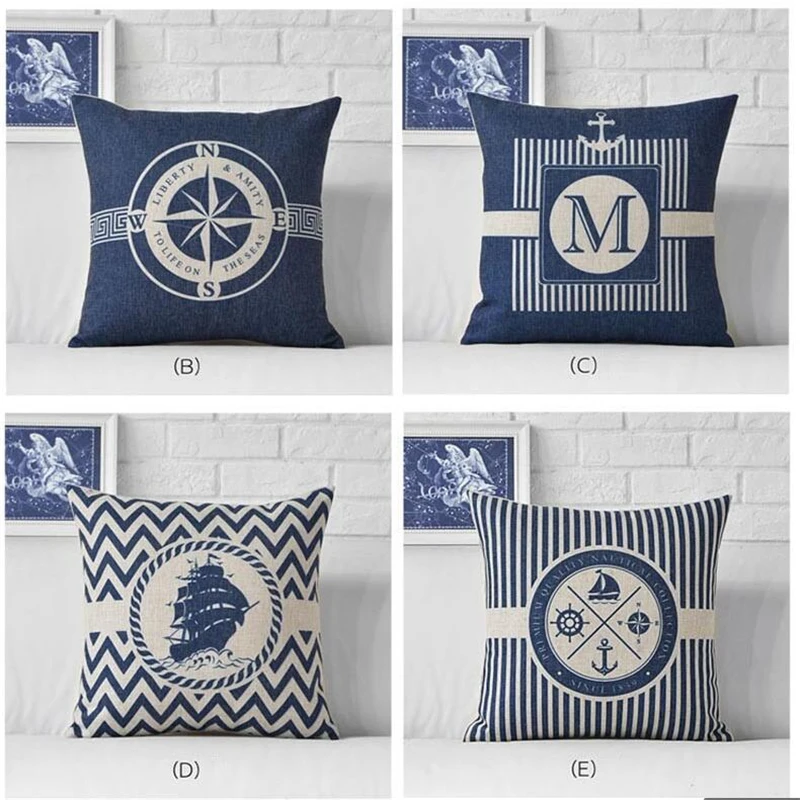 

Cushion Cover Brand Sea Blue Compass Anchor Pattern Marine Ship 45*45cm Throw Pillow Case Decorative Car 1 Side Print Almofadas