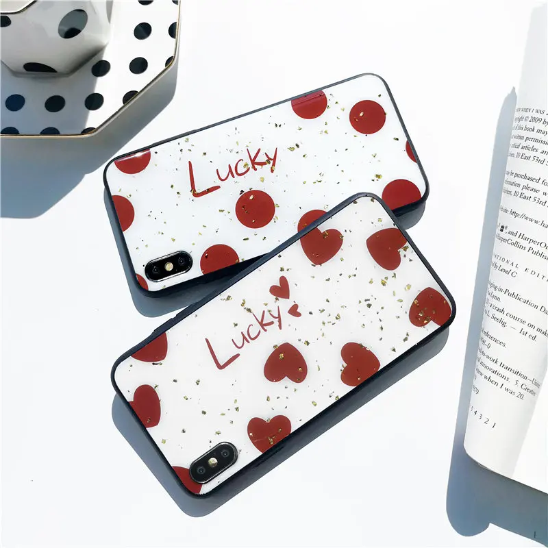 

Fashion Gold Foil Epoxy Phone Case For iPhone X XR XS Max Case Soft Bling Glitter LUCKY Heart Cases For iPhone 7 8 6 6sPlus Capa