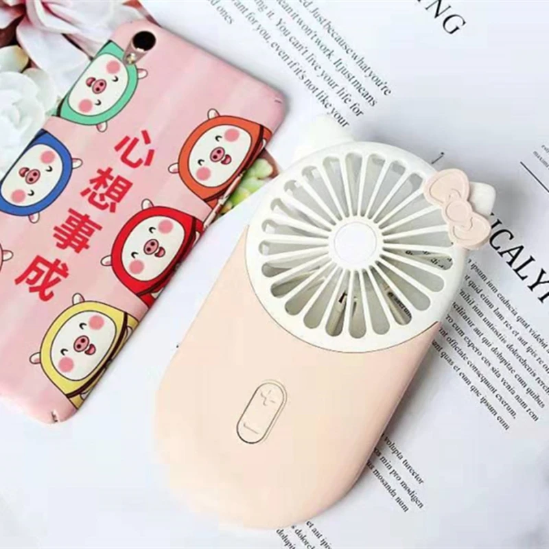 Cartoon Usb Pocket Mini Hold Charge Small Fans With One Portable Bring Led Lamp Ultrathin Will Wind Power - Color: Pink