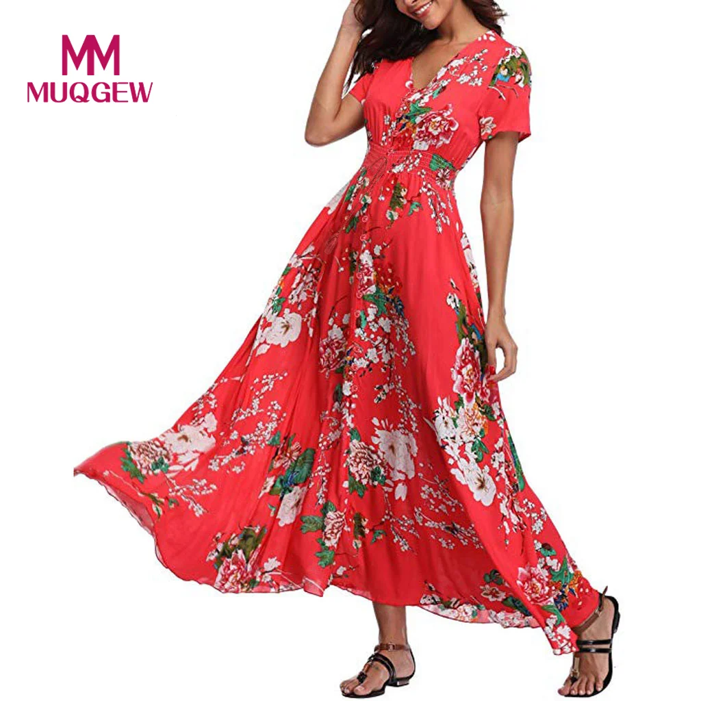 

Women Bohemian Casual Floral Print Button Up Split Indie Folk Summer Dress 2019 Flowy Party Maxi Dress vestidos de verano