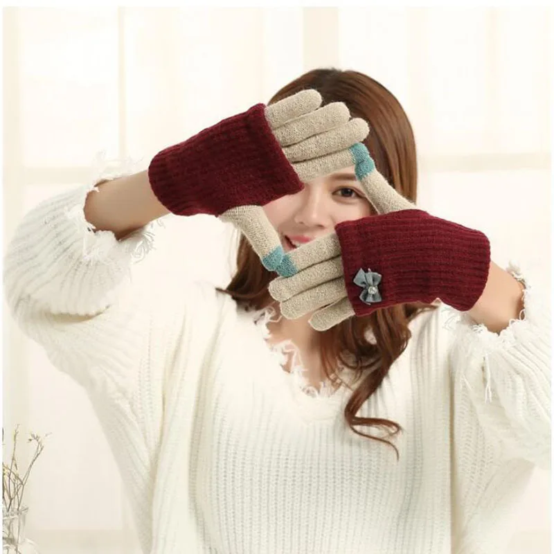 Теплые зимние толстые перчатки вязаные женские холодные зимние перчатки сенсорный экран снежинка полный палец варежки Mitaine Luvas