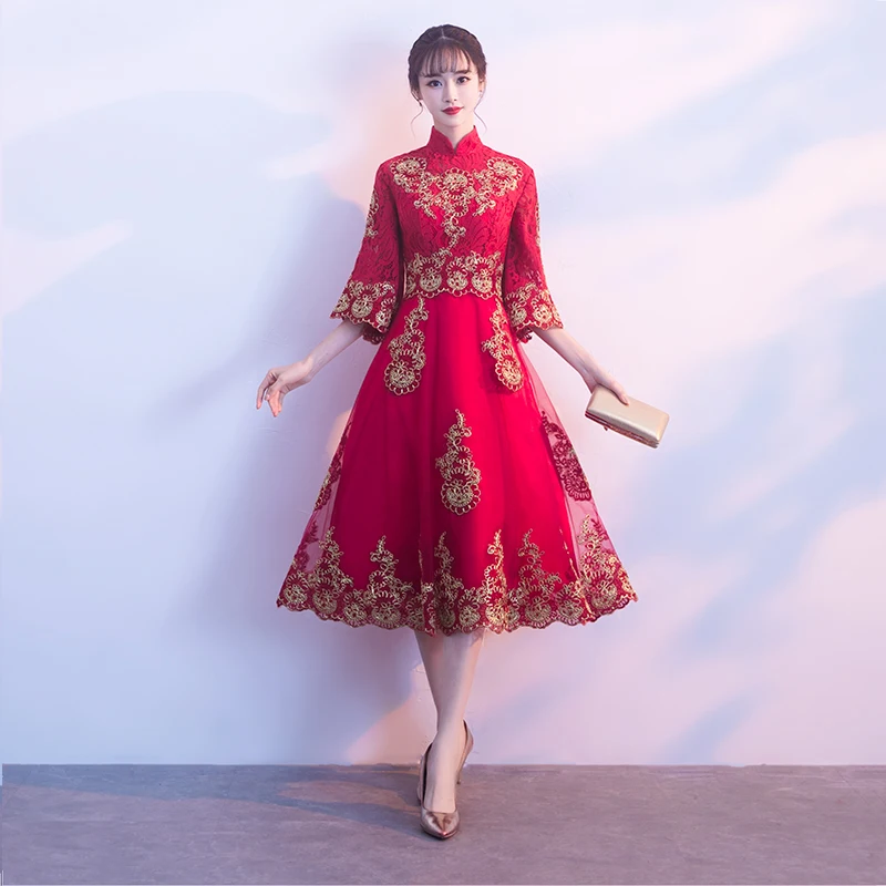 Улучшенный рукав для женщин короткий Cheongsam китайское традиционное кружево вышивка платья Новинка Мандарин Воротник Qipao Vestidos