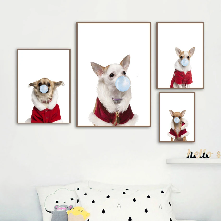 

Nordic Watercolor Canvas Painting Home Decor Baby Room Wall Art Picture Fun Animal Chihuahua Dog Blowing Bubbles Modular Picture
