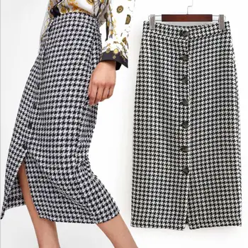 

2020 women autumn fashion plaid single breasted high waist package hip midi skirt women step skirt