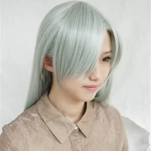 Peruca com sete pecados capitais, cabelo sintético longo cinza claro, verde, para cosplay tampa com gorro