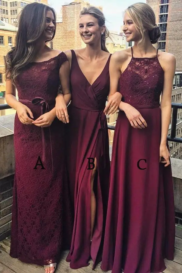 

Multi Styles A-Line Bridesmaid Dresses Floor-Length Maroon Bridesmaid Dress with Lace