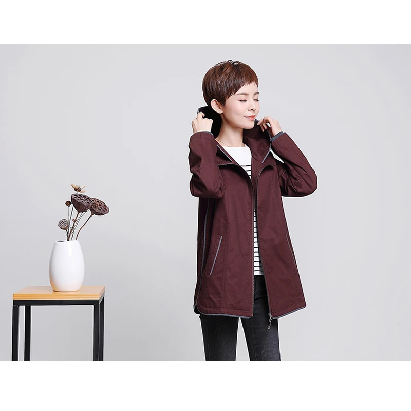 New  Women's Windbreaker 2019 Spring Autumn Casual Wild Jacket Solid Color Middle-Aged Women's HoodedCot
