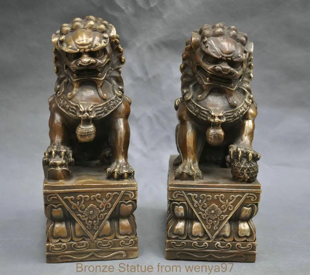 

SS 10'' China Folk Collection Brass Door Protector Guardian Foo Dog Lion One Pair