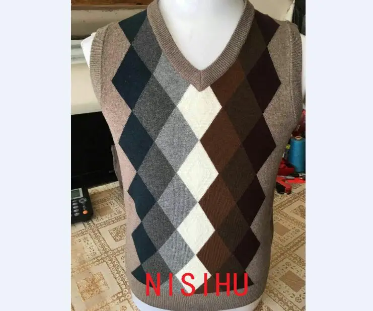 Высококачественный мужской осенний лоскутный цветной свитер с Аргайлом, модный клетчатый мужской кашемировый свитер без рукавов - Цвет: Хаки