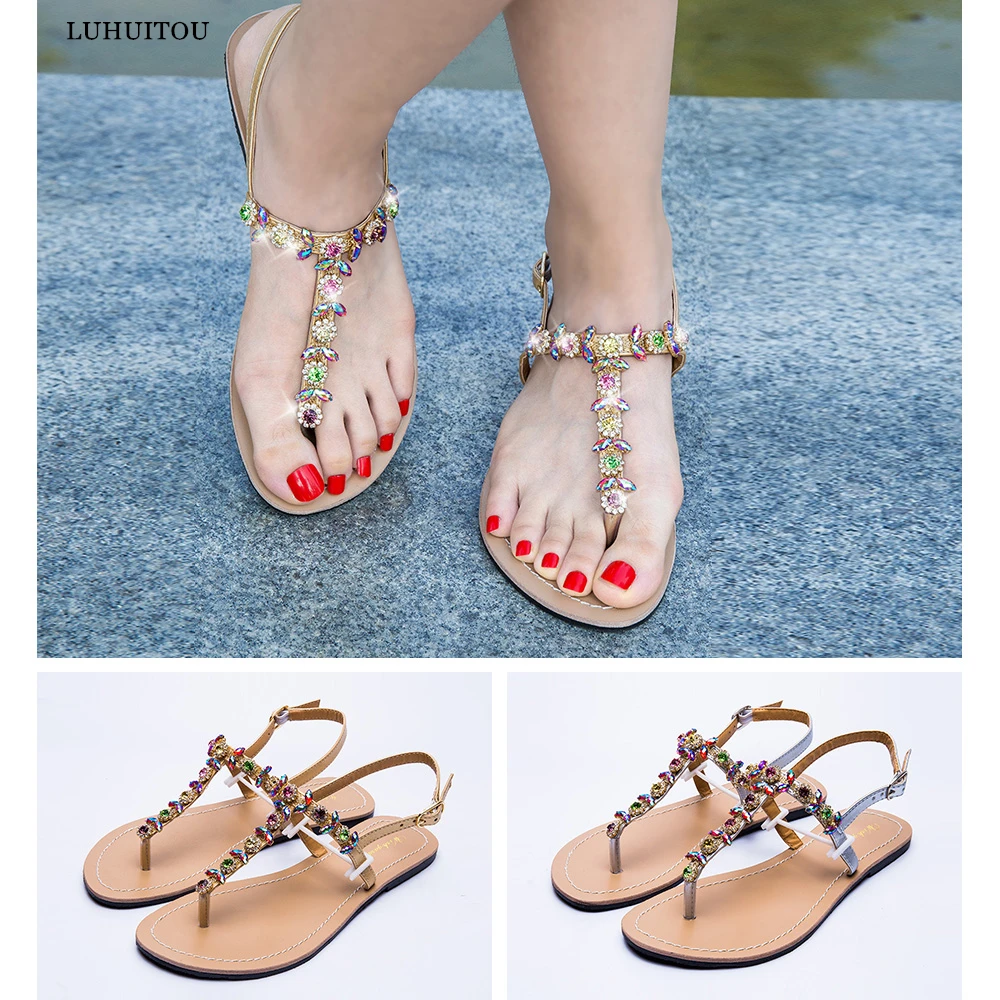 

2019 NEW Women`s Flat beach shining rhinestones sandals summer bohemia diamond sandals T-strap thong flip flops Slippers Boho