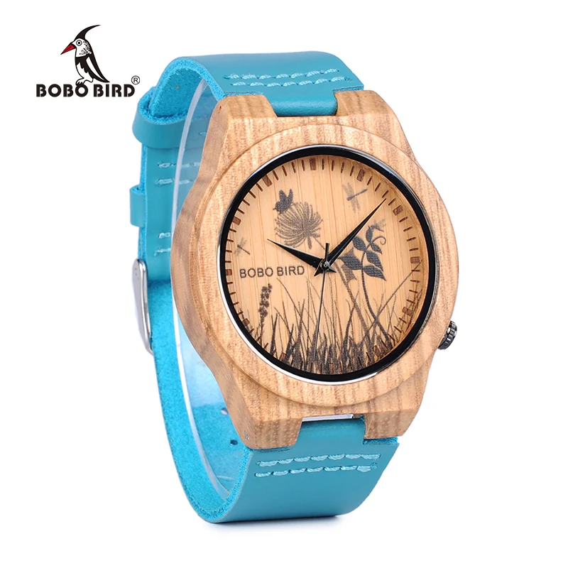 BOBO BIRD LP20-6 Landscape reloj mujer Watch Men Quartz Watch Zebra Wood Erkek kol saati Blue Leather Strap Clock