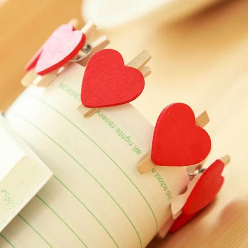 

20pcs Cute Mini Red Lover Heart-Shaped Wooden Folder Memo Clip New Office Supplies Photo Snack Clip