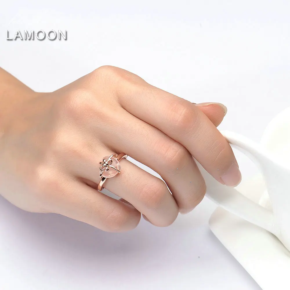 LAMOON Heart 9x10mm 100% Natural Gemstone Rose Quartz 925 Sterling Silver Jewelry Wedding Ring with LMRI051