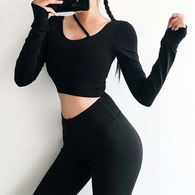 Женская сексуальная спортивная футболка с длинным рукавом, одежда для бега, фитнес-рубашка, тренировочный топ для йоги, спортивный топ - Color: Black