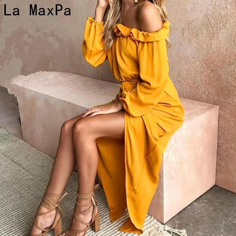 

Women Slash Neck Off The Shoulder Ruffles Tunic Boho Maxi Long Sleeve Loose Cusual Autumn 2019 New Arrival Femme Vestidos