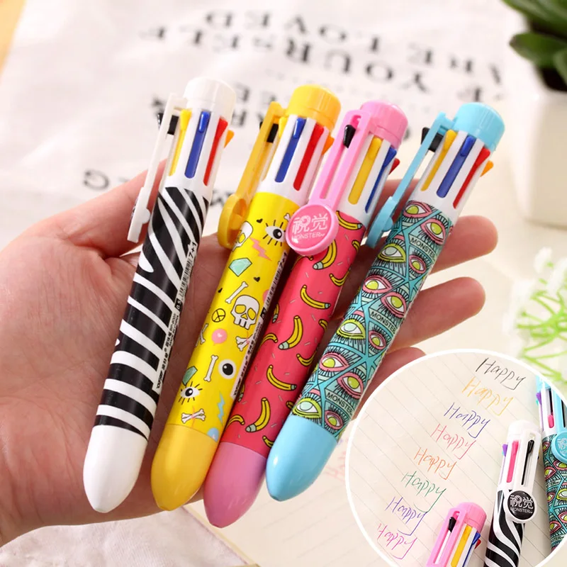 

Cute Kawaii Cartoon Creative Rainbow Ballpoint Pen Multi-Color Press Ball Pen Printing Pattern Pens Korean School Stationery