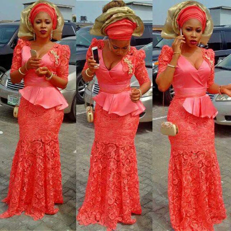 2017 Watermelon Floor Length Peplum Empire Mermaid Lace African Nigerian Evening Dresses Long Women Deep V African Evening Gown