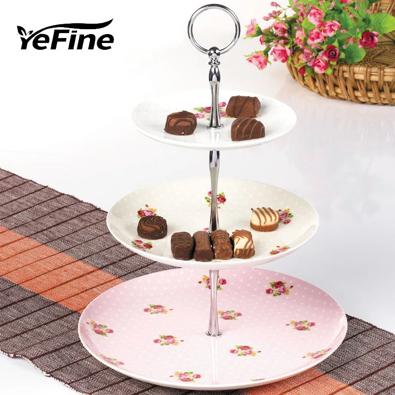 YeFine Fashion Small Flower Ceramic 3 Tier Fruit Cake Plate Stand
