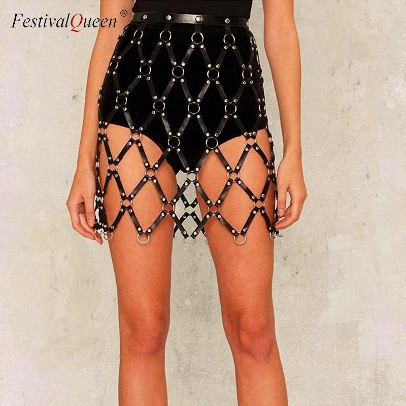 FestivalQueen сексуальная кожаная юбка в стиле панк, новинка, короткий топ с вырезами, черный пояс из искусственной кожи, пэчворк, женские короткие юбки в клетку