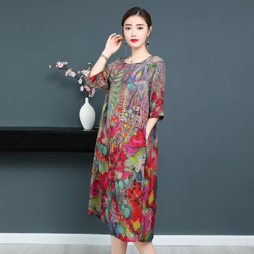 Elegant Temperament Printing Women Dress 2018 New Summer High End Half Sleeve Classic Round Collar Silk Loose Thin Lady Dresses Elegant Temperament Printing Women Dress 2018 New Summer High End Half Sleeve Classic Round Collar Silk Loose Thin Lady Dresses