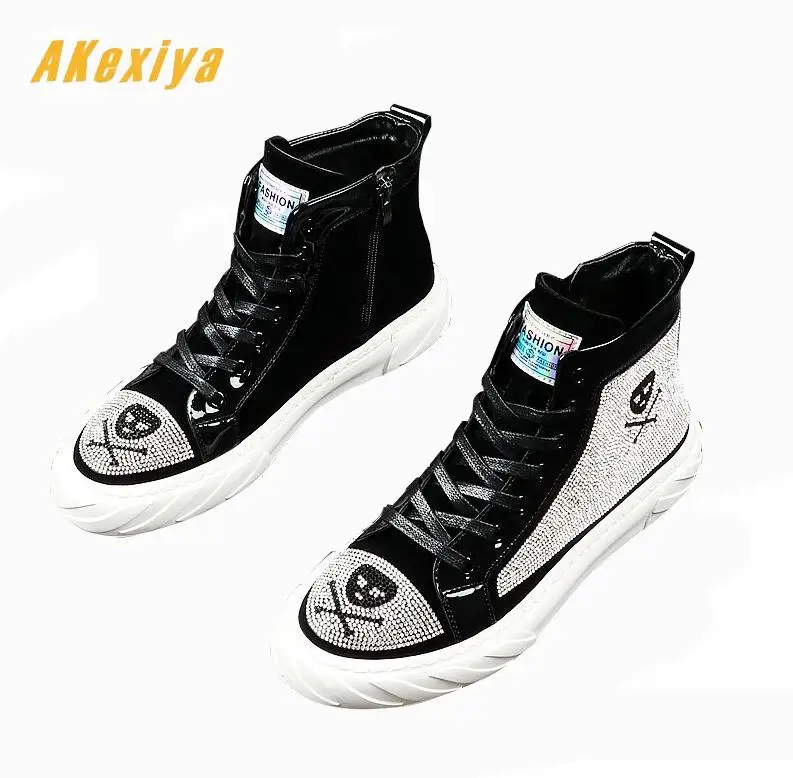 

New Fashion designer Men's Rhinestone skeleton Casual Flats high tops Shoes loafers high-quality Male Hip hop rock Prom shoes