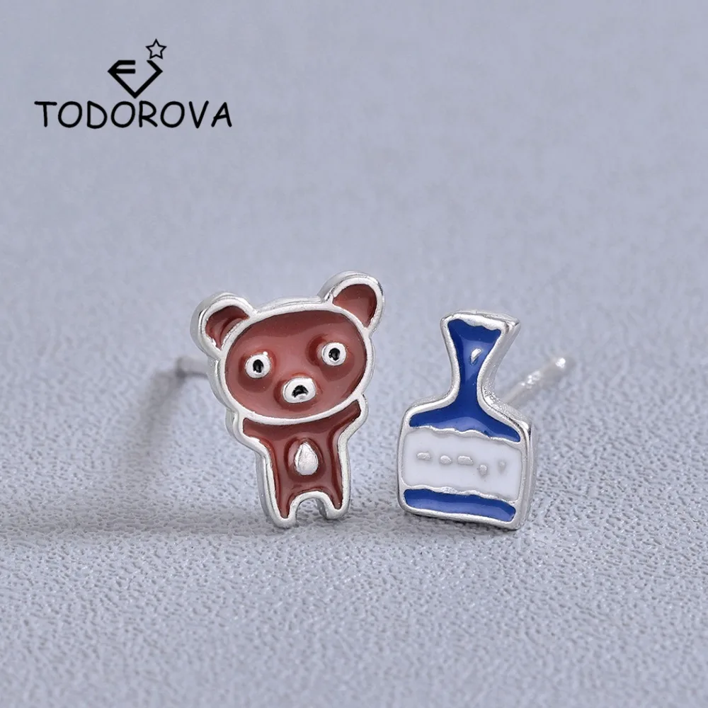

Todorova Fashion Small Glaze Bear Bottle Stud Earrings for Women Lovely Animal Asymmetric Earrings Jewelry Children Kids Gift