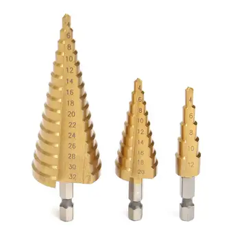 

3pcs HSS Steel Drill Bit Large Step Cone Hex Shank Coated Metal Grooved Hole Cutter Cut Tool Set 4-12/20/32mm Wholesale