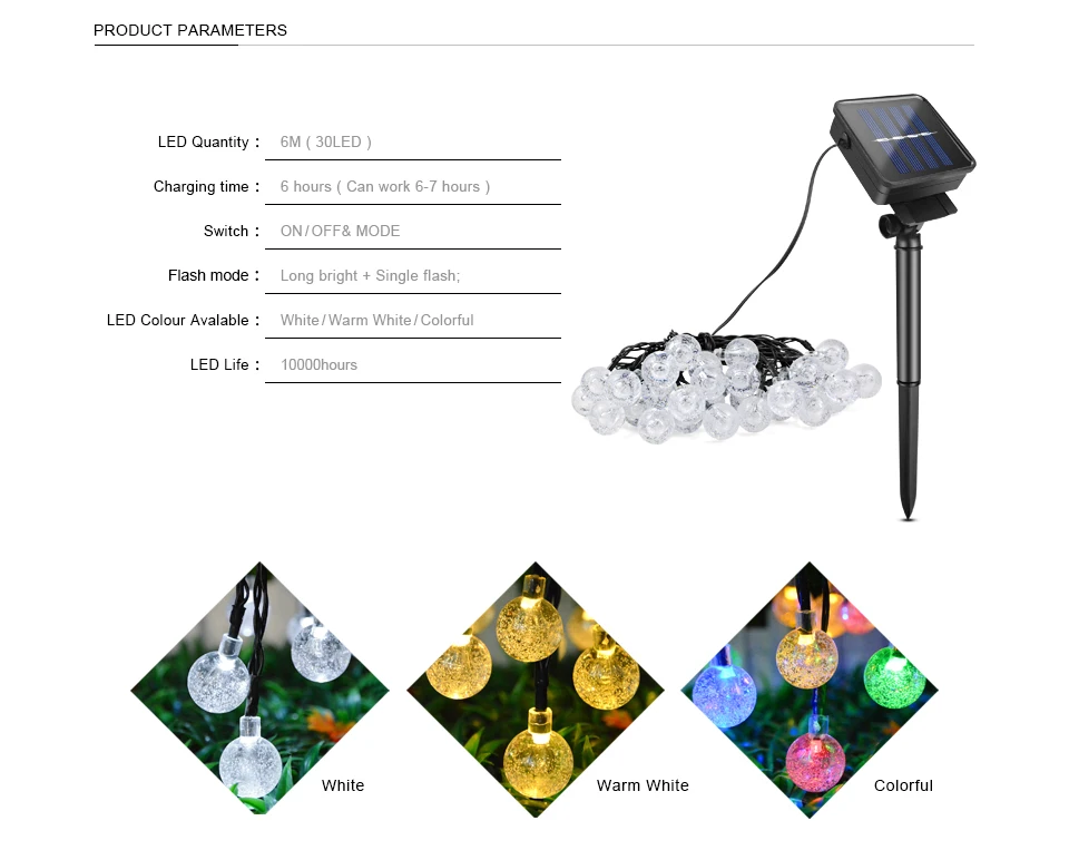 Светодиодный светильник на солнечной батарее, 6 м, 30 светодиодный, s, хрустальный шар, сказочный светильник, пейзаж, патио, гирлянда, Рождественская, свадебная, декоративная лампа