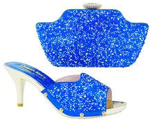 Italian Latest African Shoes And Bag Set For Party Fashion Women Sandal With Bags Set With Rhinestones In HS001 Royal Blue