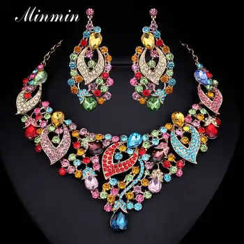 

Minmin Statement Colorful Crystal Bridal Jewelry Set Luxury Engegament Wedding Necklace Earrings Set Women Party Jewelry MTL397