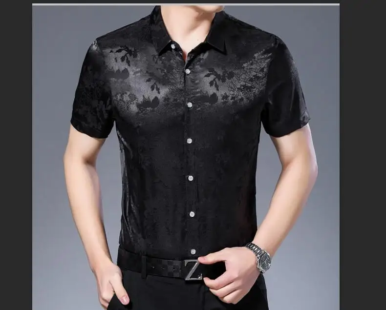Высококачественная Мужская Летняя шелковая рубашка с цветочным принтом, элегантные мужские рубашки с коротким рукавом из мягкого шелка - Цвет: Черный