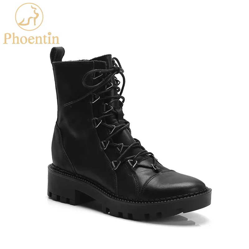 

Phoentin black Martin boots women 2018 cross tied lace up womens ankle boots med heeled platform shoes genuine leather FT490