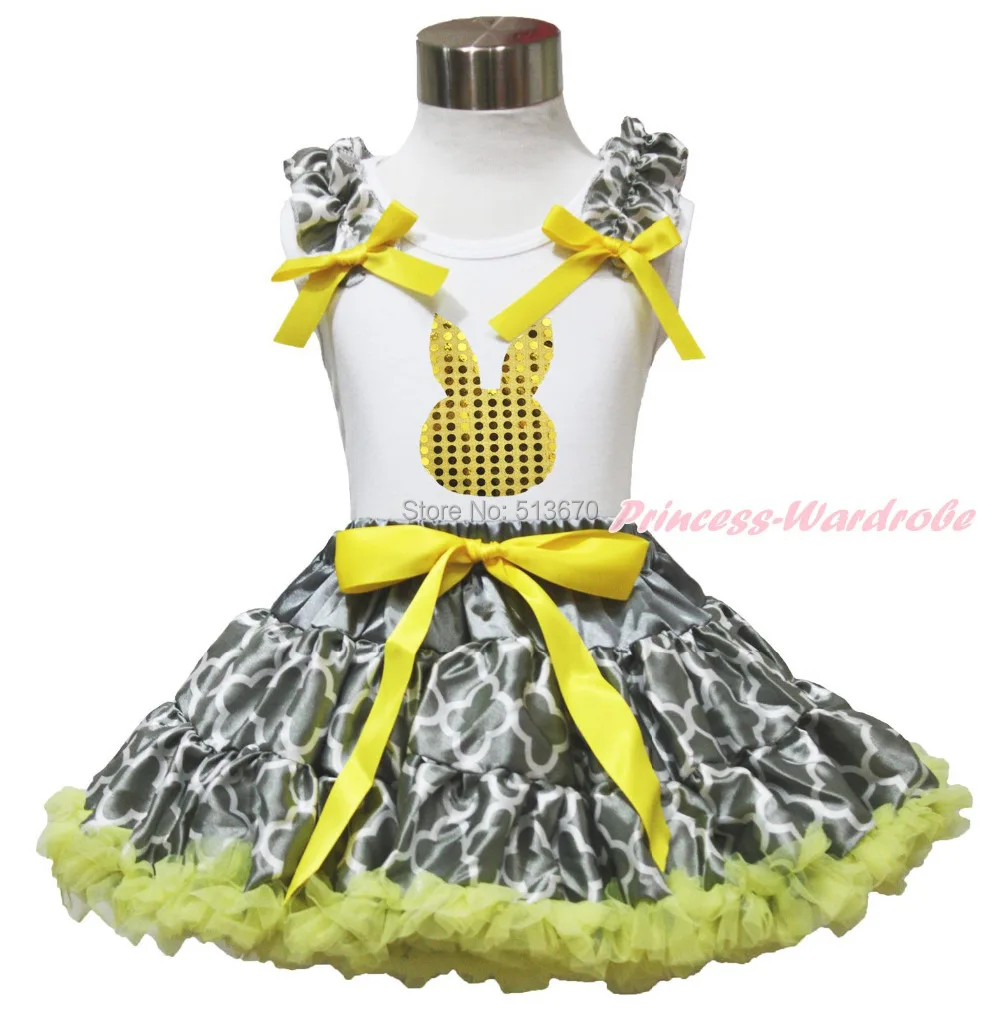 

Easter Bling Gold Dot Bunny White Top shirt Yellow Bow Grey Quatrefoil Clover Baby Girl Pettiskirt Outfit Set 1-8Y MAPSA0516