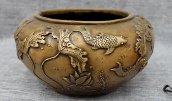 

Chinese Signed Bronze lotus flower Fish Lucky Fengshui censer Bottle Censer