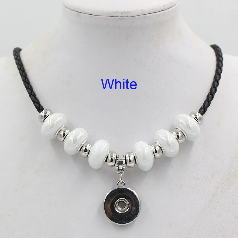 

10pcs/lot Wholesale Snap Necklace 10 Colors White Ceramic Bead Leather with 18mm Button Pendant Collar Necklace For Snap Jewelry