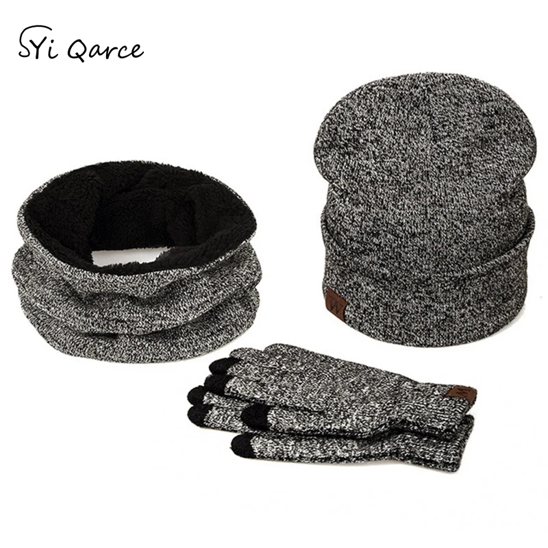 SYi Qarce, 3 шт., зимняя супер теплая вязаная шапка, перчатки для сенсорного экрана с шарфом, набор для мужчин и женщин, набор для улицы, сохраняющий тепло, NT069-74