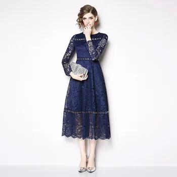 

CBAFU spring autumn lace dress women crochet hollow out vestidos work casual elegant ladies evening party dresses D307