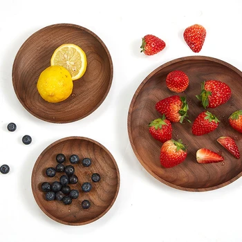 

Natural Wooden Round Plates Dish Tray Handmade Acacia Plate Round Sushi Dish Dessert Fruit Bread Dish Soup Dishes Tableware