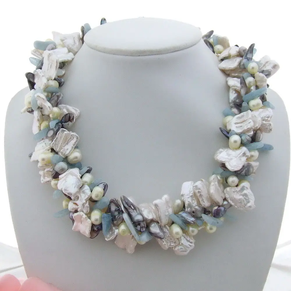 

GE021209 20'' 4 Strands White Keshi Pearl Aquamarie Necklace