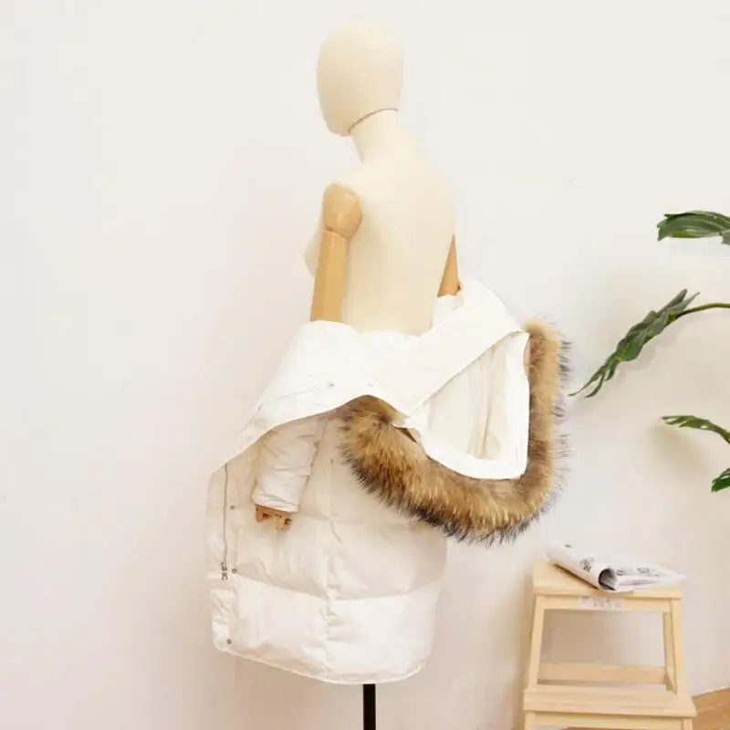 New Autumn Winter Fur Collar Long Thick Down Coats Women White Duck Down Jacket Hat Detachable Windproof Female Outwears Mw107