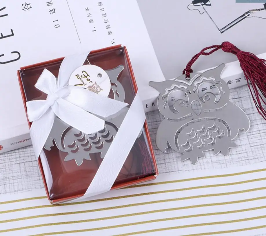

lastest fashion new silver metal bookmarks bookmark love carved cute owl fringe silk tassel box for Wedding Party Gift