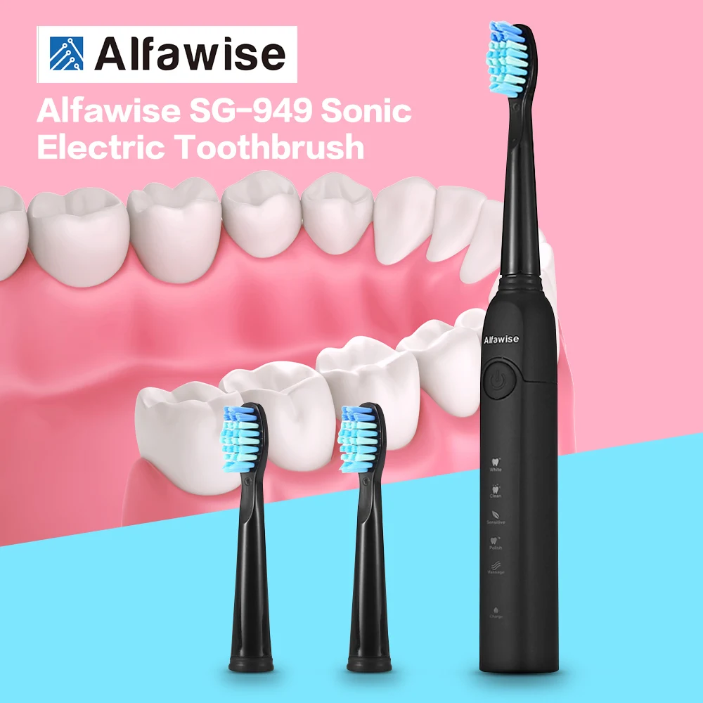 

Alfawise Electric Toothbrush SG-949 Sonic Toothbrush with Smart Timer Five Brushing Modes Waterproof with 3 Brush Heads