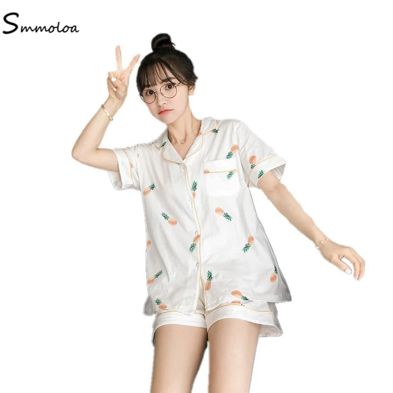 Smmoloa/милые хлопковые пижамы с короткими рукавами; домашняя одежда с принтом в Корейском стиле; Новинка